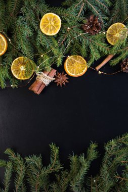 Noel ağacı çam dalları Kuru portakal ile. karanlık bir arka plan üzerine tarçın, anason.