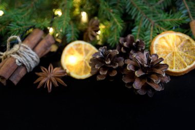 Noel ağacı çam dalları Kuru portakal ile. karanlık bir arka plan üzerine tarçın, anason.