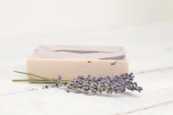 Natural lavender soap with lavender flowers on it — Stock Photo, Image