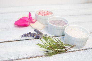 Banyo tuzu aromalar. Gül, lavanta ve çam kaseler hafif ahşap arka plan üstten görünüm üzerinde renkli banyo tuzu ile yakınındaki kopyalama alanı