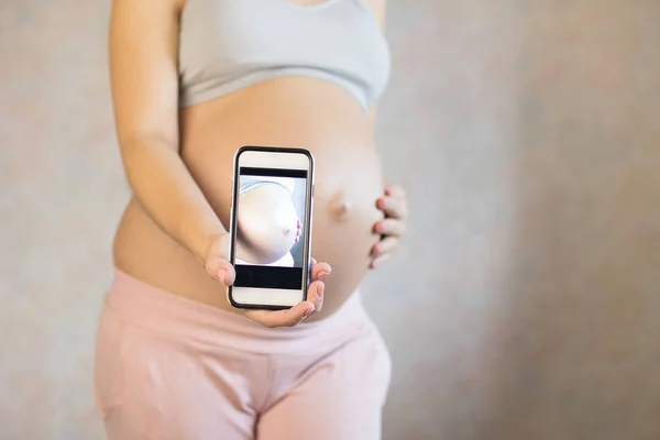 Retrato de una mujer embarazada tomando una foto de su vientre . — Foto de Stock