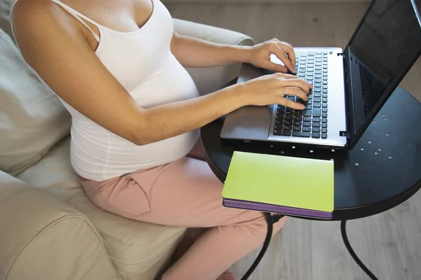 Молодая красивая беременная женщина работает на ноутбуке. Беременная деловая женщина ищет информацию и онлайн-покупки на ноутбуке готовятся к родам и воспитанию на диване дома — стоковое фото
