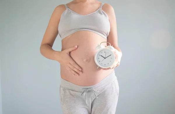 Retrato de mujer embarazada sorprendida sosteniendo reloj de pared —  Fotos de Stock