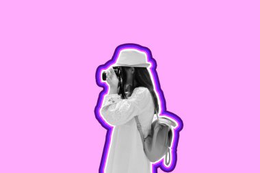 Kamera şapka giyen komik serin kız, pembe arka plan üzerinde elbise. Karikatür sosyal ağ çıkartmaları.