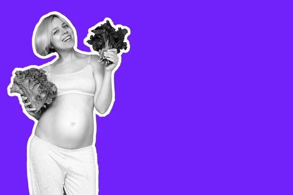 Femme enceinte mangeant des légumes sains salade et épinards dans le style magazine collage BD — Photo