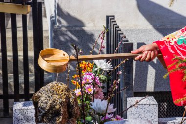 Japon turistler ve yabancılar, su Kiyomizu-dera Tapınağı'nda bir kayaya daldırma ile serpin. Japonya