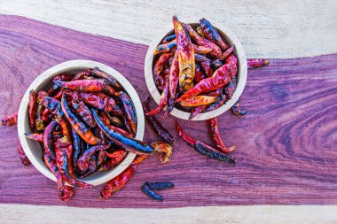 Masaya konmuş ahşap kasede acı biber yanığı. Üst görünüm