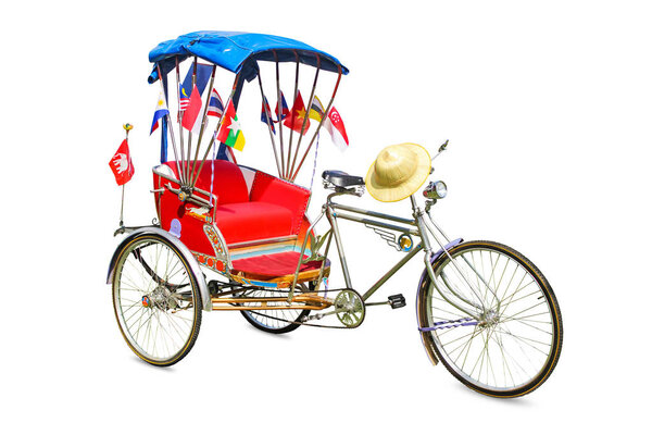 Thailand tricycle, Vintage old style decorated with flag of Thailand and Asean on isolated white background.