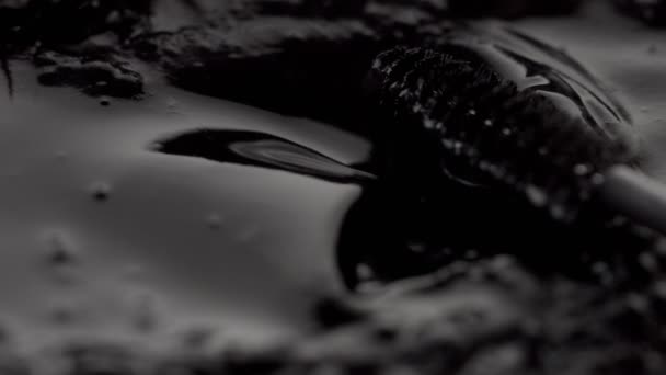 Texture liquide noire et pinceau de mascara déplaçant ce liquide — Video