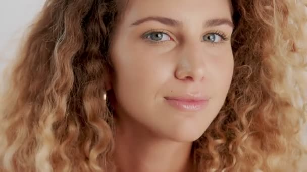 Model In Studio With Big Curly Blonde Hair On White With Natural