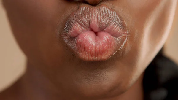 Closeup Mixed Race Black Woman Mouth Sending Kiss Kissing Camera — Stock Photo, Image