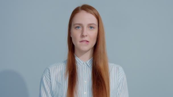 Gingerhead red hair, ginger hair model with blue eyes on blue background — Stock Video