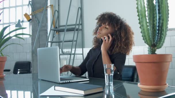 Чорна бізнес-леді в горищі працює з ноутбуком, розмовляючи по телефону — стокове відео