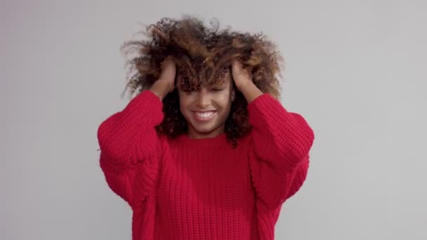 Schwarze Mischlingsfrau im Studio mit großen lockigen Haaren schüttelt es in Zeitlupe — Stockvideo