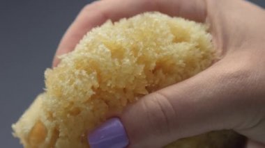 Doğal banyo süngeri olan kadın eli sıkar.