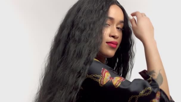 Bellezza razza mista africana modello americano in studio ritratti con parrucca capelli lunghi — Video Stock