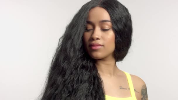 長い髪のかつらを持つスタジオの肖像画で美人混合人種アフリカ系アメリカ人モデル — ストック動画
