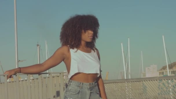 Raza mixta mujer joven negra al aire libre, luz del atardecer de verano, zona de playa de Barcelona — Vídeo de stock