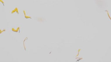 Yavaş çekimde, beyaz masaya kuru sarı çiçekler düşüyor. Üst görünüm