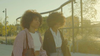 Parkta yürüyen iki melez zenci kadın.