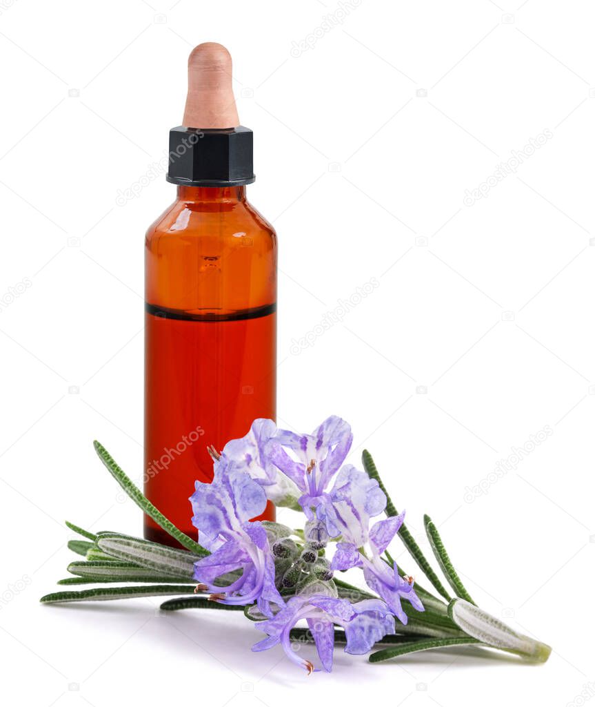 Essential oil with rosemary flowers isolated on white background