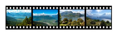 Como Gölü manzaraları beyaz arka planda izole edilmiş film şeridi üzerinde 