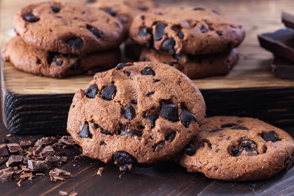 Homemade Chocolate Cookies Dark Old Wooden Board Chocolate Chips Cookies — Stock Photo, Image