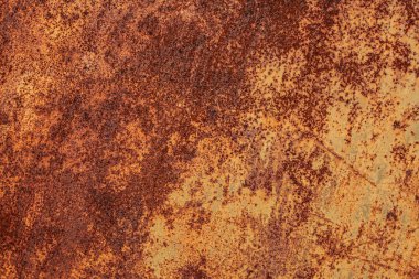 Grunge paslanmış metal dokusu. Paslanmış aşınma ve oksitlenmiş arka plan. Yıpranmış metalik demir panel. Terk edilmiş tasarım duvarı. Bakır çubuk.