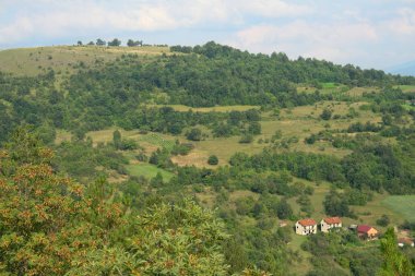 Studenica Manastırı, Sırbistan çevresinde dağlarda. Bağ, meralar, çırpı, evler ve yol göster
