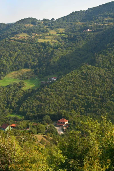 Han Berg Närheten Studenicaklostret Serbien Till Att Närliggande Sluttning Highway — Stockfoto