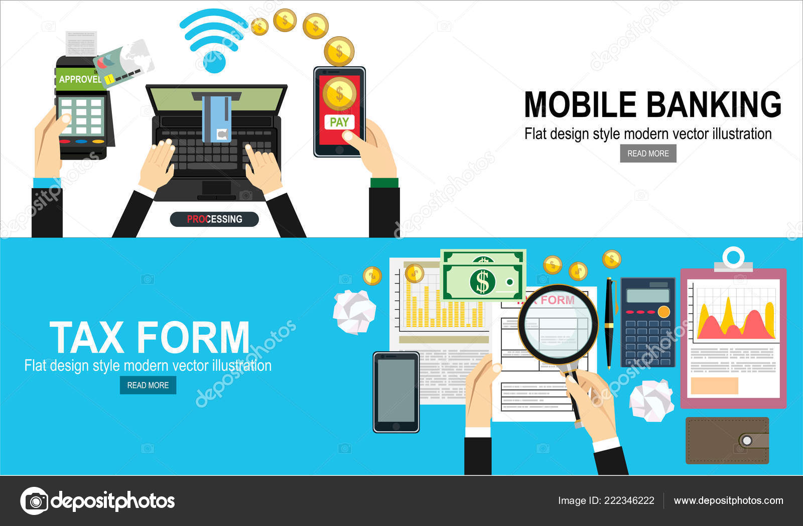 Mobile Banking Tax Form Banners Simply Vector Illustration Stock Vector