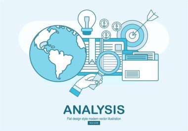 İş analizi, mali rapor, danışmanlık, takım çalışması, proje yönetimi ve geliştirme için düz tasarım illüstrasyon kavramlar.