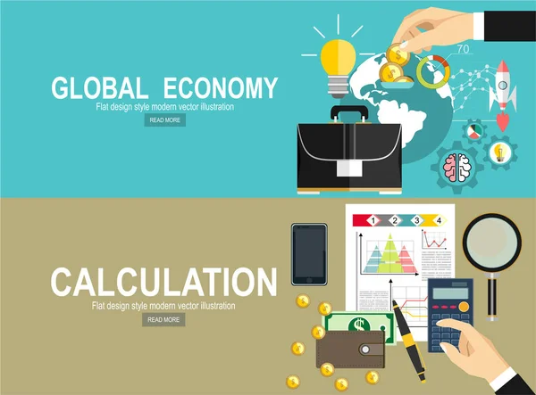 Wereldwijde Economie Berekening Banners Gewoon Vector Illustratie — Stockvector