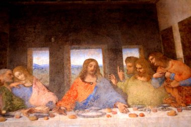 Milano, Italia - 24 Kasım 2017 Leonardo da Vinci'nin Santa Maria delle Grazie Manastırı'nın yemekhanesinde yaptığı son akşam yemeğinin çağrıştıran görüntüsü, Patrimonio mondiale dell'Unesco, detay