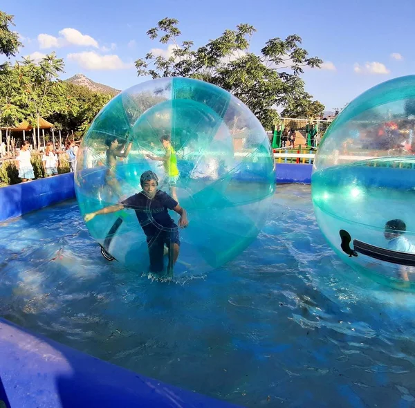 Havuzda yüzen şişme topun içinde eğlenen çocuk görüntüsü.