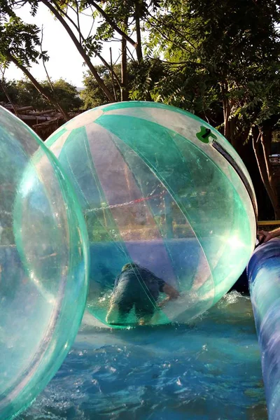 Havuzda yüzen şişme topun içinde eğlenen çocuk görüntüsü.