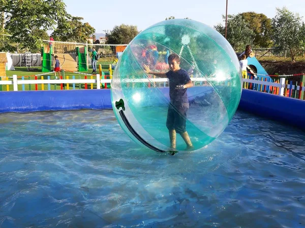 Havuzda yüzen şişme topun içinde eğlenen çocuk görüntüsü.