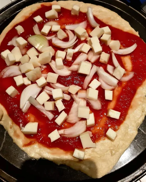 Imagem Evocativa Pizza Caseira Com Tomate Mussarela Cebola — Fotografia de Stock