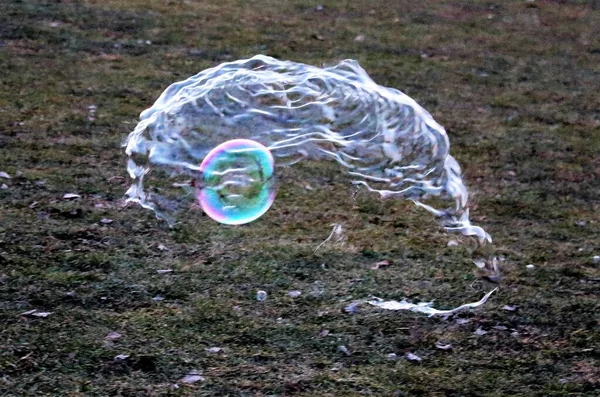 a giant bubble floating free in the open inside another bursting on a lawnin winter at sunset