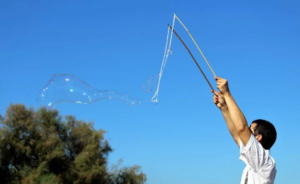 Boy Who Making Big Soap Bubble Two Sticks Rope Tree — Stock Photo, Image