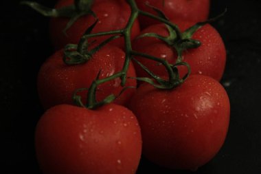 Siyah arkaplanda kırmızı, taze ve organik domatesler.