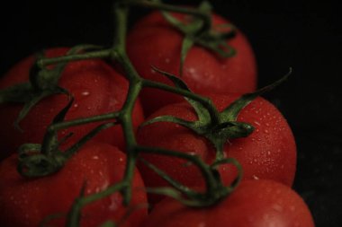 Siyah arkaplanda kırmızı, taze ve organik domatesler.