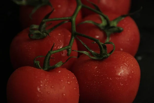 Rote Frische Und Bio Tomaten Auf Schwarzem Hintergrund — Stockfoto