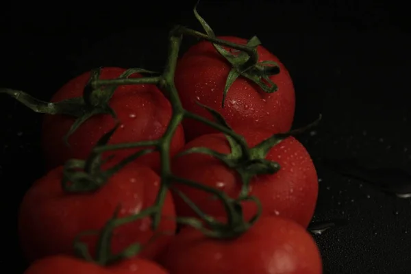 Tomates Vermelhos Frescos Orgânicos Sobre Fundo Preto — Fotografia de Stock