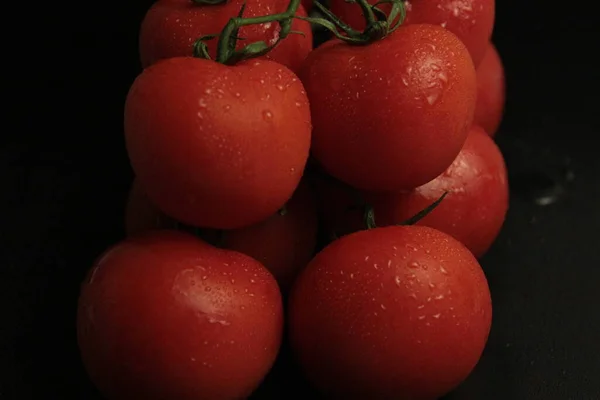 Κόκκινες Νωπές Και Βιολογικές Ντομάτες Μαύρο Φόντο — Φωτογραφία Αρχείου