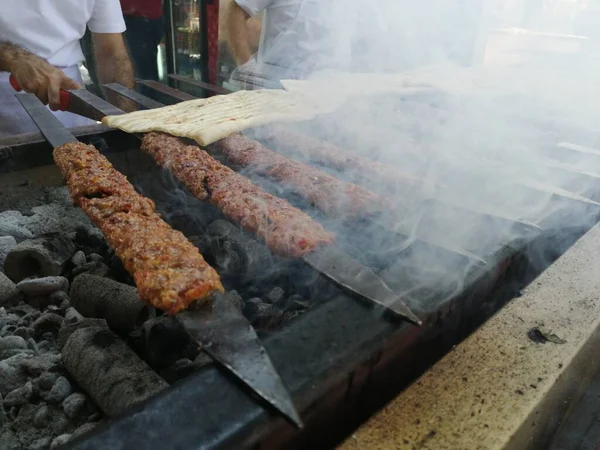 Cooking Adana Kebabs Restaurant Style Grill — Stock Photo, Image