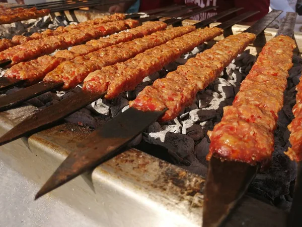 Cooking Adana Kebabs Restaurant Style Grill — Stock Photo, Image