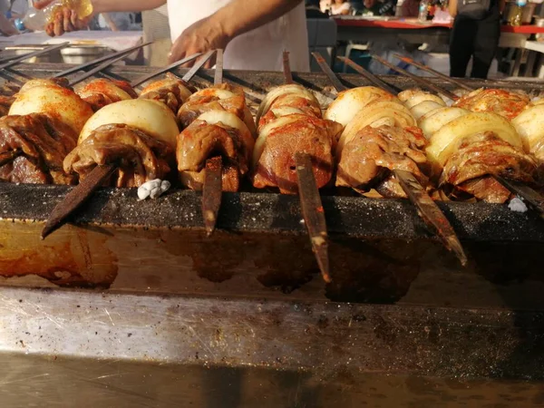 Shashlik Mangal Kömürü Için Izgara Hazırlıyor Şiş Kebap Şiş Kebap — Stok fotoğraf