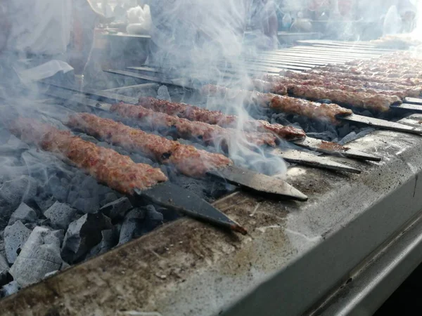 Cooking Adana Kebabs Restaurant Style Grill — Stock Photo, Image