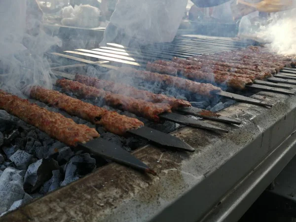 Cooking Adana Kebabs Restaurant Style Grill — Stock Photo, Image